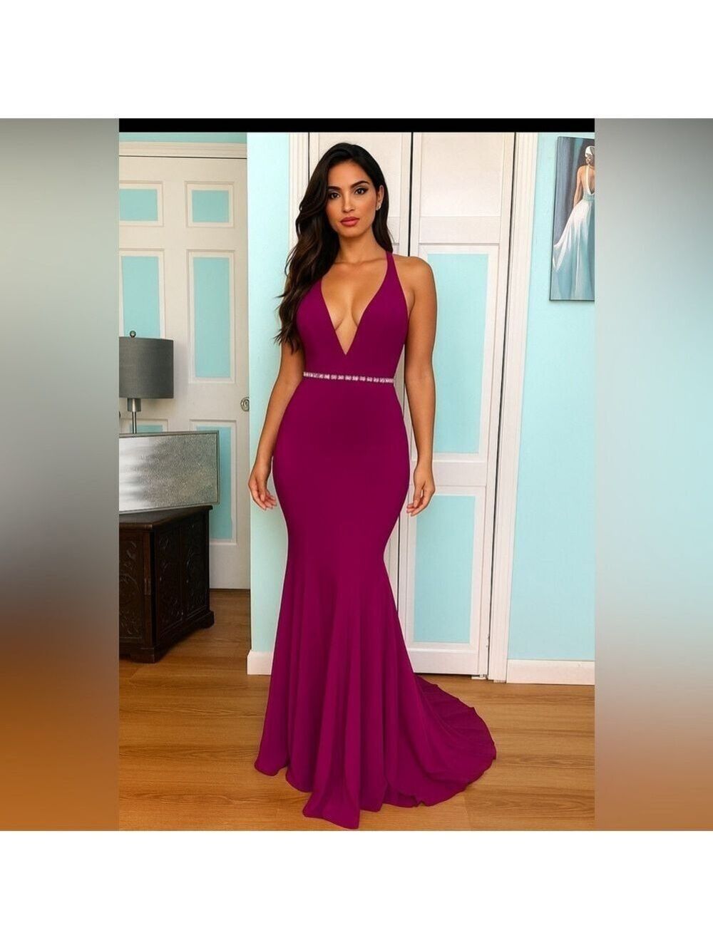 Size 2 Stretch Jersey Magenta Dark Pink Fuchsia Ieena Mac Duggal Prom Dress Gown